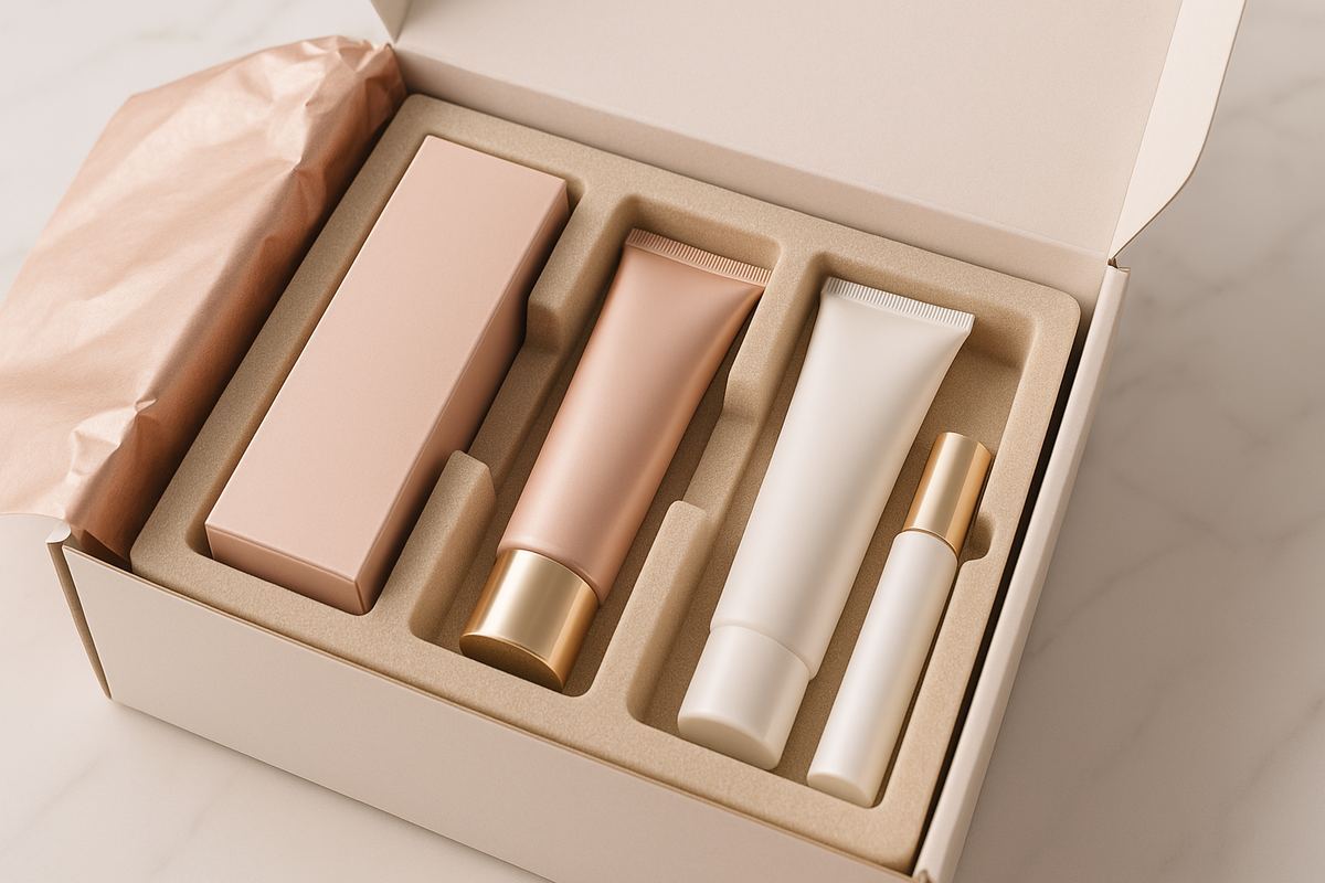 Produtos de skincare sendo colocados em caixa de envio premium com divisórias de espuma e papel de seda rosa dourado