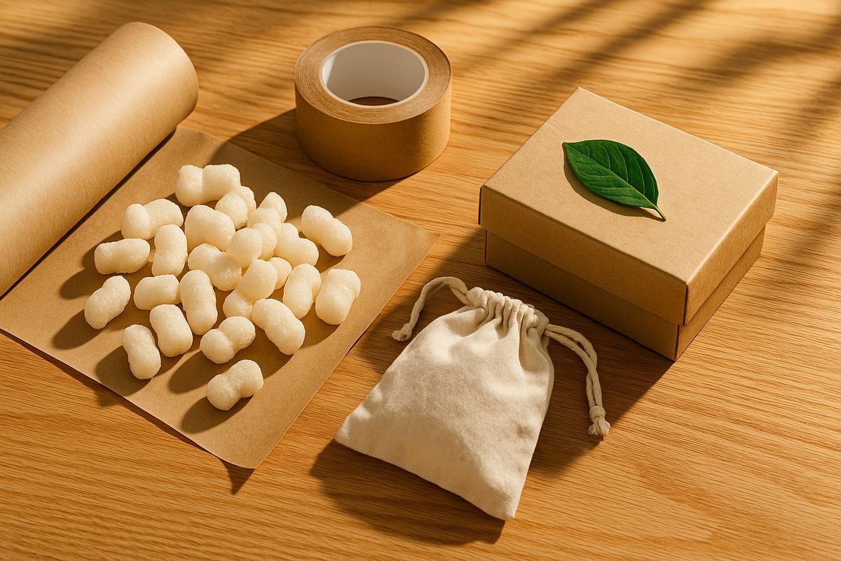 Materiais de embalagem sustentável sobre mesa de madeira: papel kraft reciclado, amido de milho biodegradável, fita de papel e sacola de algodão