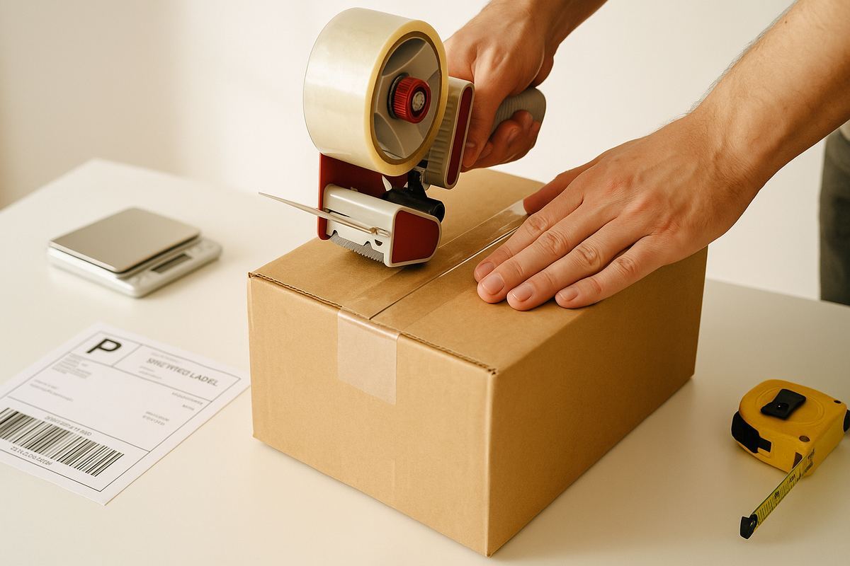 Mãos fechando caixa de papelão marrom com fita adesiva transparente sobre mesa de trabalho, com etiqueta e balança ao lado