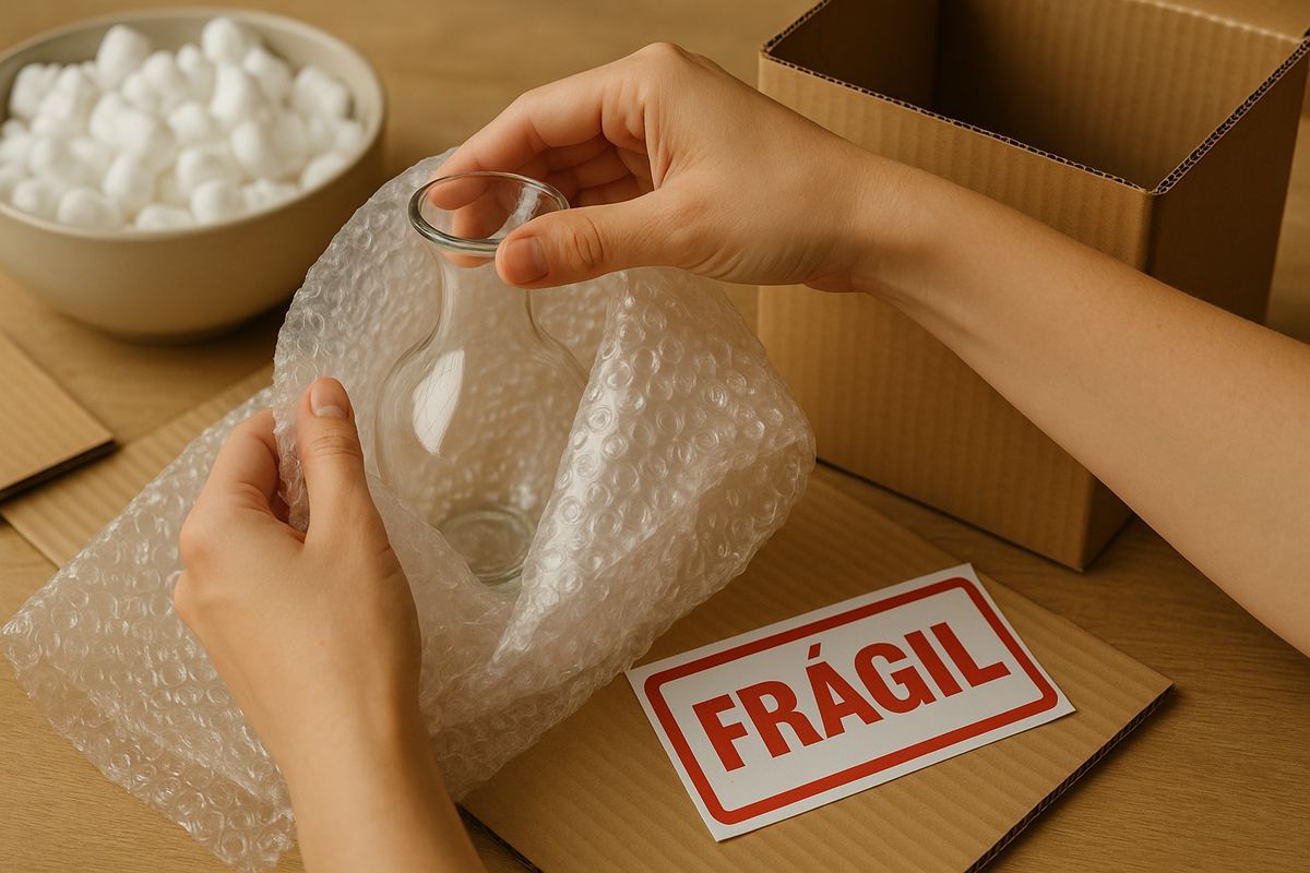 Vaso de vidro sendo cuidadosamente envolvido em múltiplas camadas de plástico bolha, com caixa de papelão reforçada ao lado