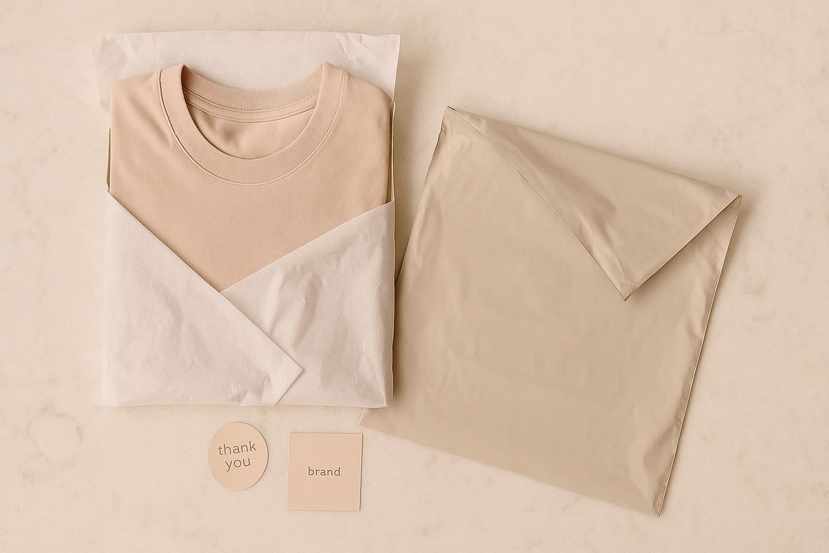 Peças de roupa dobradas cuidadosamente sendo colocadas em envelope plástico sobre superfície clara