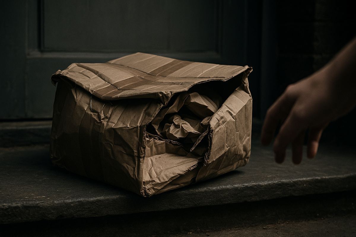 Caixa de papelão amassada com cantos danificados e fita descolando, sobre soleira de porta