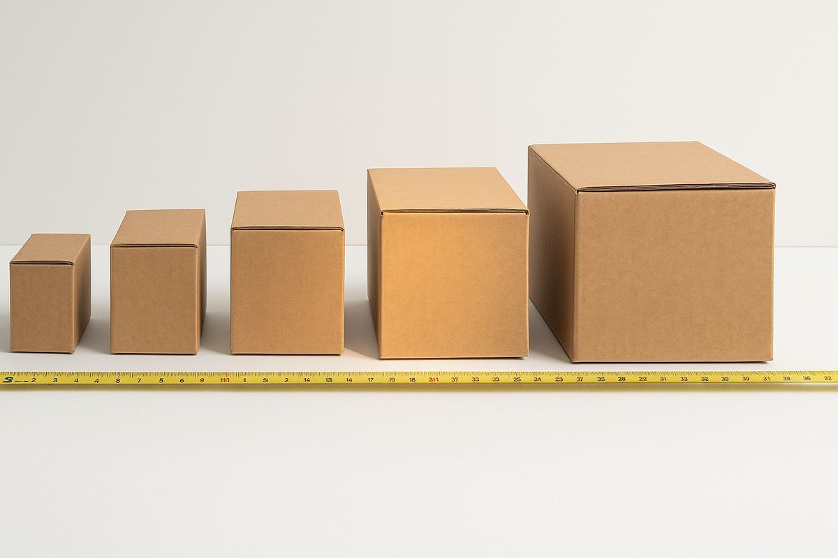 Cinco caixas de papelão de tamanhos progressivamente diferentes alinhadas em fileira com fita métrica ao lado