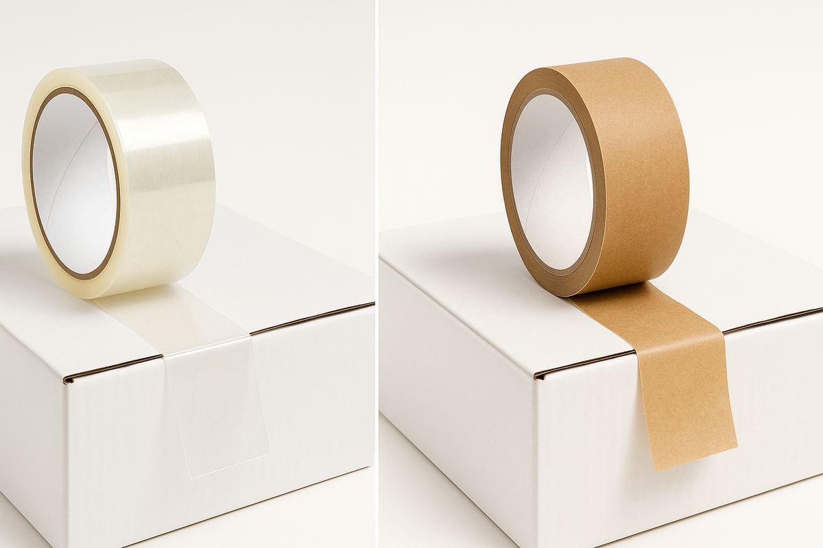 Rolo de fita adesiva transparente, popularmente chamada de durex no Brasil, sobre caixa de papelão